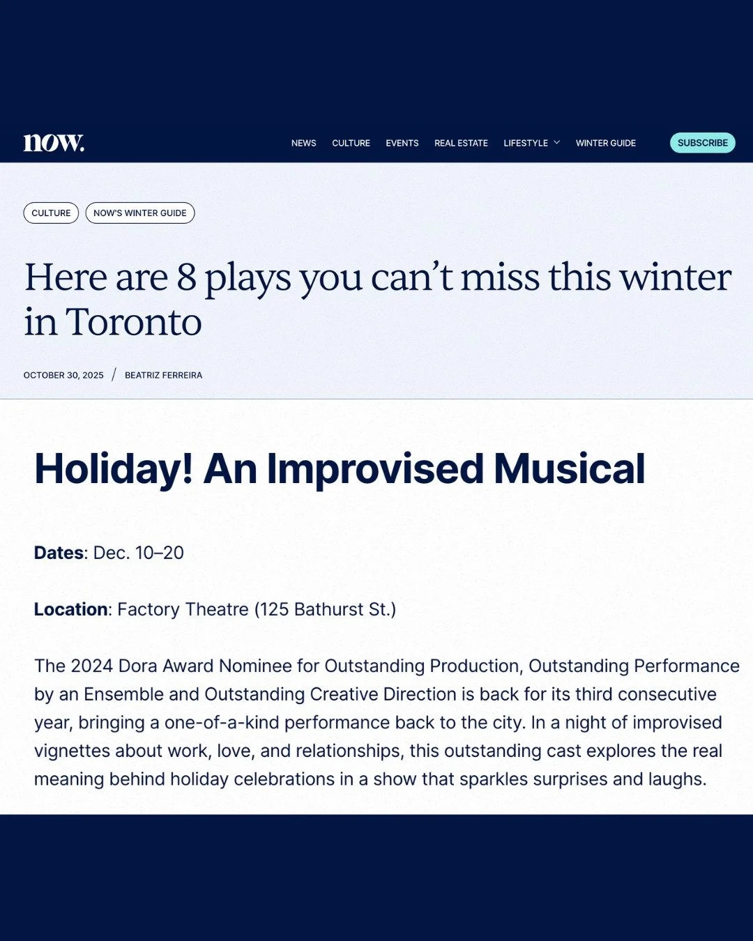 🎉🎄Thank you @nowtoronto for including Holiday! An Improvised Musical in your listing of &quot;8 Plays You Can't Miss This Winter in Toronto&quot;!

Get ready to laugh, sing, and celebrate the season with the ultimate holiday party! Holiday! An Impr