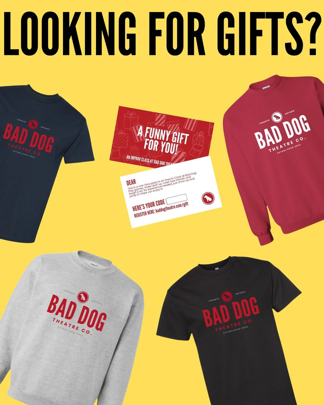 New merch just dropped.
Rep your favourite theatre on and off the stage with official Bad Dog gear. Tees, crewnecks, and cozy classics now available in the gift shop. Every purchase supports independent comedy in Toronto.

Shop the gift shop. Support