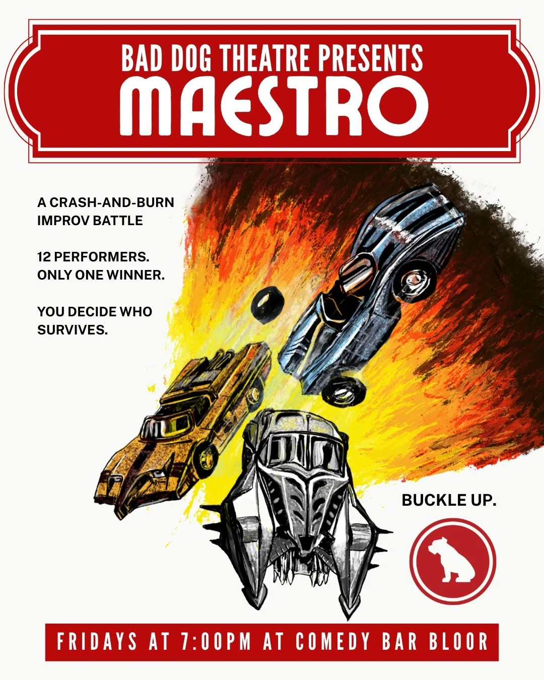 🏎️ Maestro: The Improv Comedy Battle-Royale where a dozen improvisers compete in a crash-and-burn elimination-style showdown. There can only be one survivor, and the power to crown the Maestro is YOURS. 

Each round, two top-tier directors throw cha