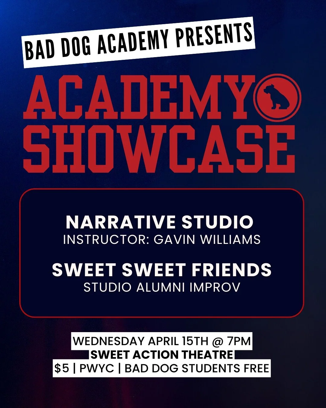 TONIGHT! Watch our talented Studio Series Students do Their Thing! This hilarious showcase features performances by Gavin William's Narrative Studio Series, with a Sweet Sweet Friends Alumni Showcase!

7pm | @sweetactiontheatre 
Get tickets now: http