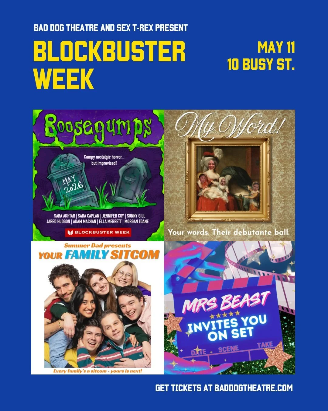 Hurrah! It&rsquo;s opening night of our beloved Blockbuster Week co-presented with @sextrexcomedy and @craftbrandco! Tonight we&rsquo;ve got:

8pm
Boosegumps!
My Word!

9:30pm
@SummerDadcomedy presents Your Family Sitcom
@is.there.a.mrs.beast Mrs. Be