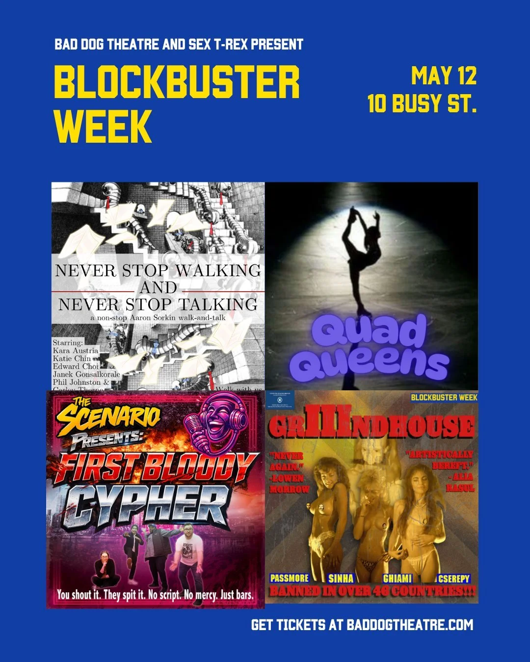 TONIGHT at Blockbuster Week we&rsquo;ve got an amazing lineup: 

5pm
Comedy Producers Snacks &amp; Chats
In association with @torontoimprovcommunity and @tosketchfest

8pm
Never Stop Walking and Never Stop Talking
Quad Queens

9:30pm
The Scenario Pre