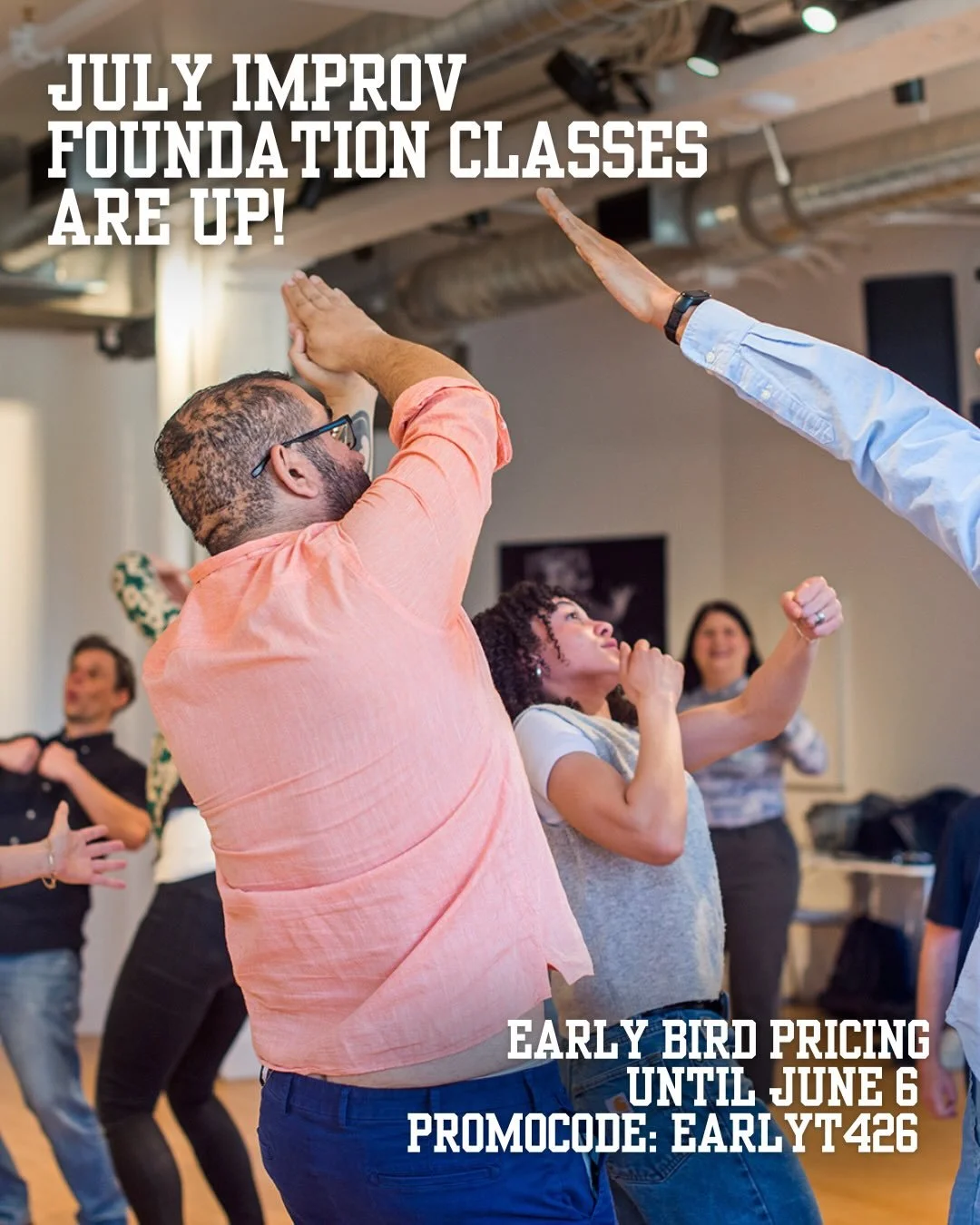 July Foundations Program classes are up!
EARLY BIRD PRICING WITH CODE EARLYT426 until JUNE 6

Our improv program is designed as a clear, supportive learning pathway, whether you&rsquo;re stepping into your first improv class or diving into advanced p