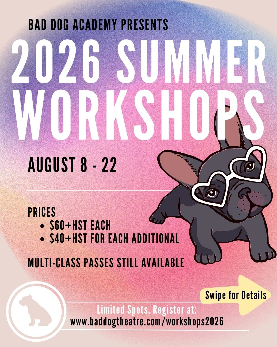 Level up your creative practice with Bad Dog&rsquo;s workshops! If you&rsquo;re an established comedian/performer or just creatively curious, our workshops offer a variety of technical skills and creative instruction for all artistic interests!

Chec