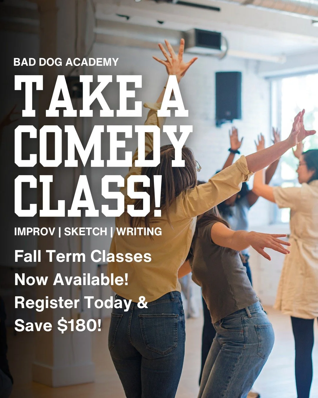 There's still a few weeks of summer, but Fall will soon be here and so will our next term of Bad Dog Academy classes.

Whether you're returning to continue your training or thinking about trying improv for the very first time, we'd love to have you j