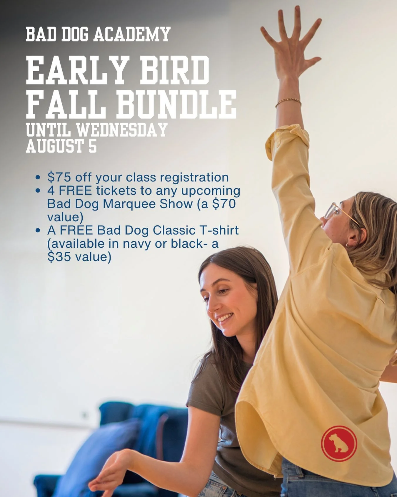 There&rsquo;s still a few weeks of summer, but Fall will soon be here and so will our next term of Bad Dog Academy classes.

Whether you&rsquo;re returning to continue your training or thinking about trying improv for the very first time, we&rsquo;d 