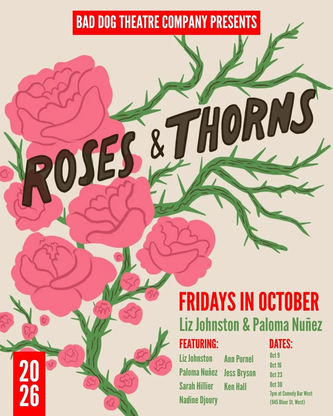 🌹 Join us every Friday in October for the feel-good hit, Roses &amp; Thorns! 

An improvised comedy aimed at audiences looking for a shot of optimism to fend off the winter blues and kick off the new year with a hopeful lens. An original unscripted 