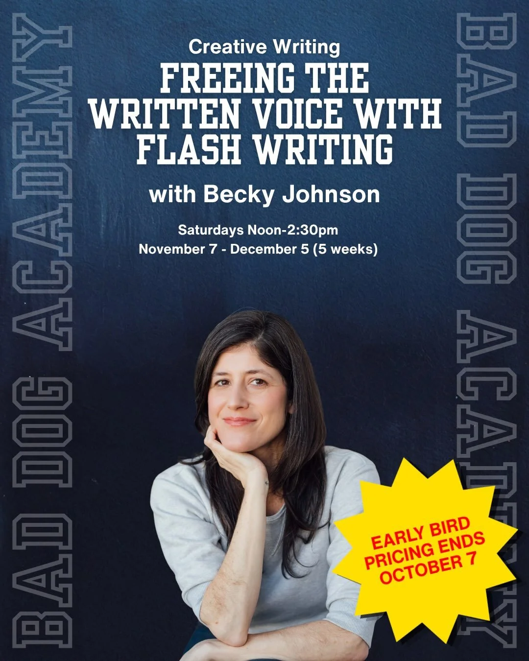 Early bird ends TOMORROW, Oct 7!
Link in bio to learn more about our Nov/Dec classes.

FREEING THE WRITTEN VOICE: With Improv, Abstraction, and Flash Writing

Saturdays Noon-2:30pm (2.5 Hours)
November 7 - December 5 (5 Weeks)

Description: In this s