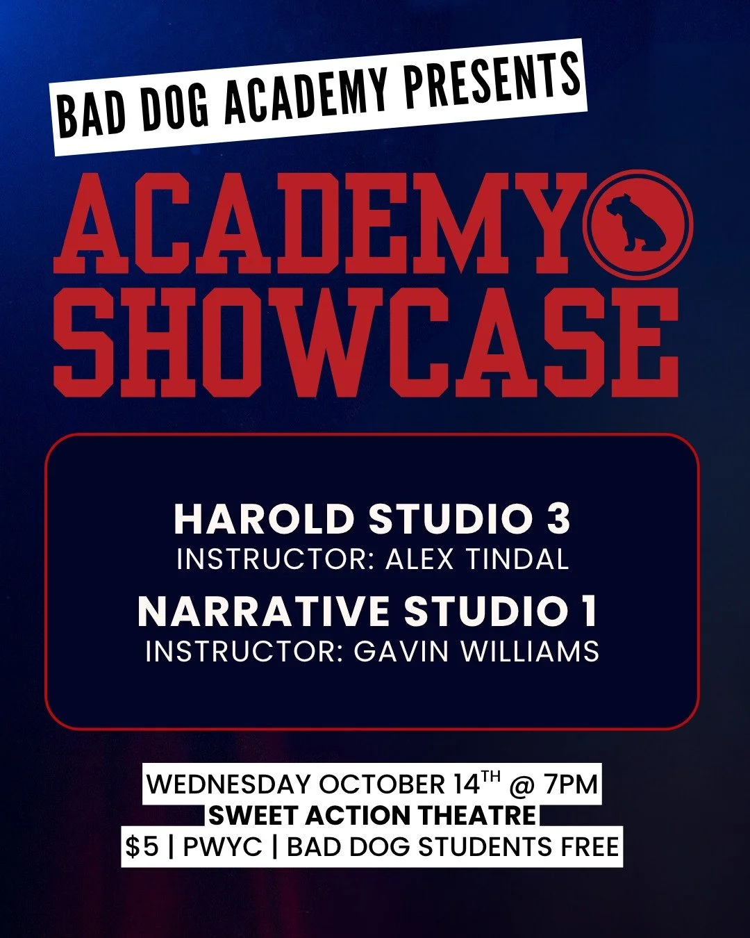 TONIGHT at @sweetactiontheatre, watch our talented Studio Series Students do Their Thing! This hilarious showcase features performances by Alex Tindal's Harold Studio 3 and Gavin Williams' Narrative Studio 1 Classes!

🎟️ Get tickets now: https://bad