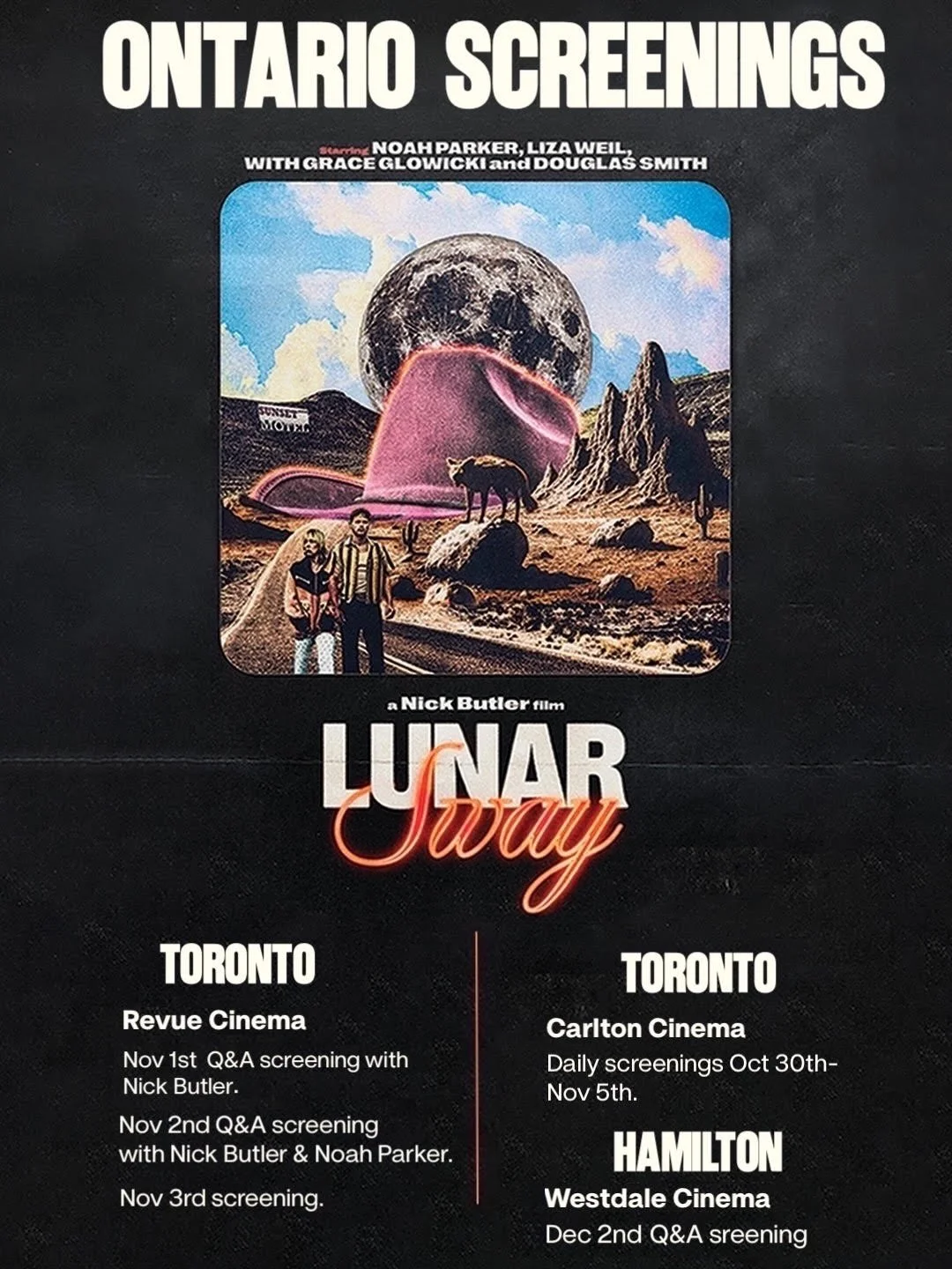 🚨 MOVIE TICKET GIVEAWAY

We are thrilled to give away free tickets to Nick Butler's new film, Lunar Sway!

An award-winning, Telefilm-funded Canadian feature film, it features Liza Weil from Gilmore Girls  and How to Get Away With Murder, Noah Parke