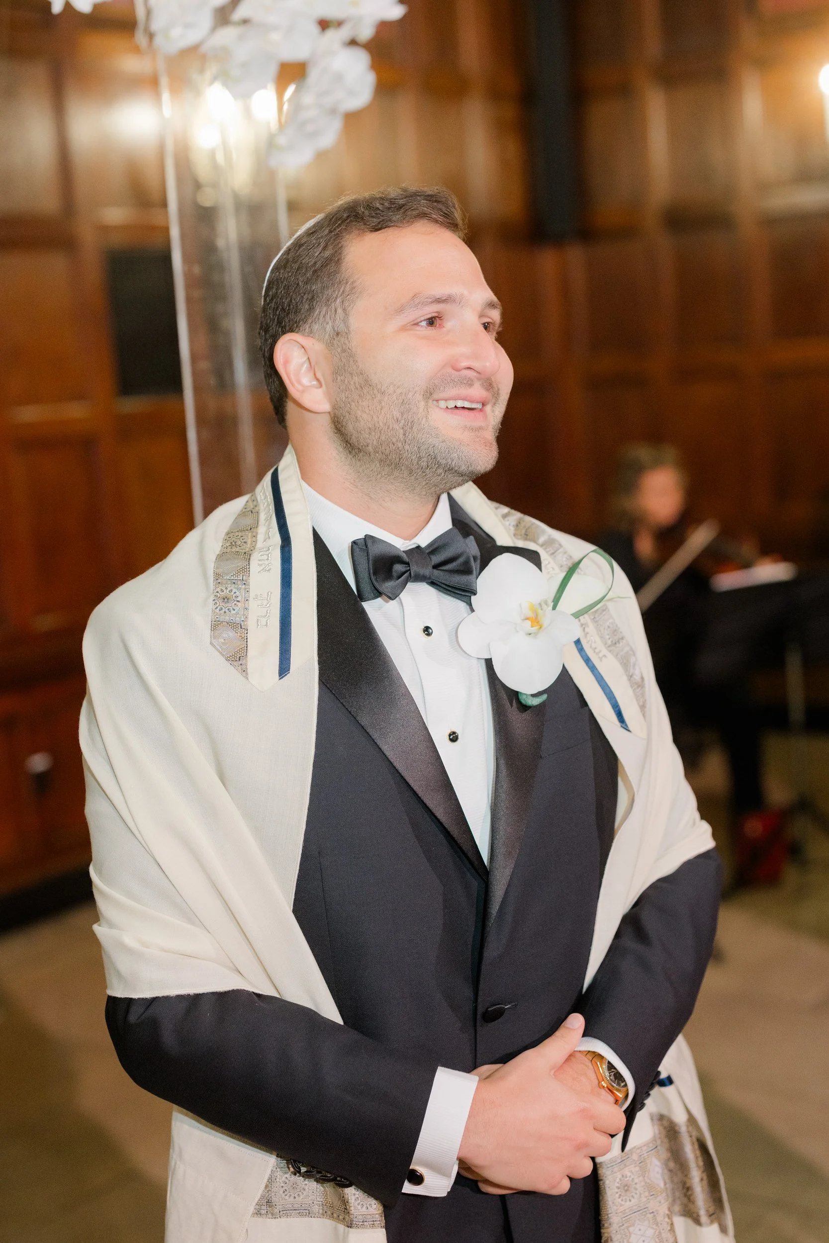 Groom sees bride as she walks down the aisle at the Harvard Club of Boston Wedding