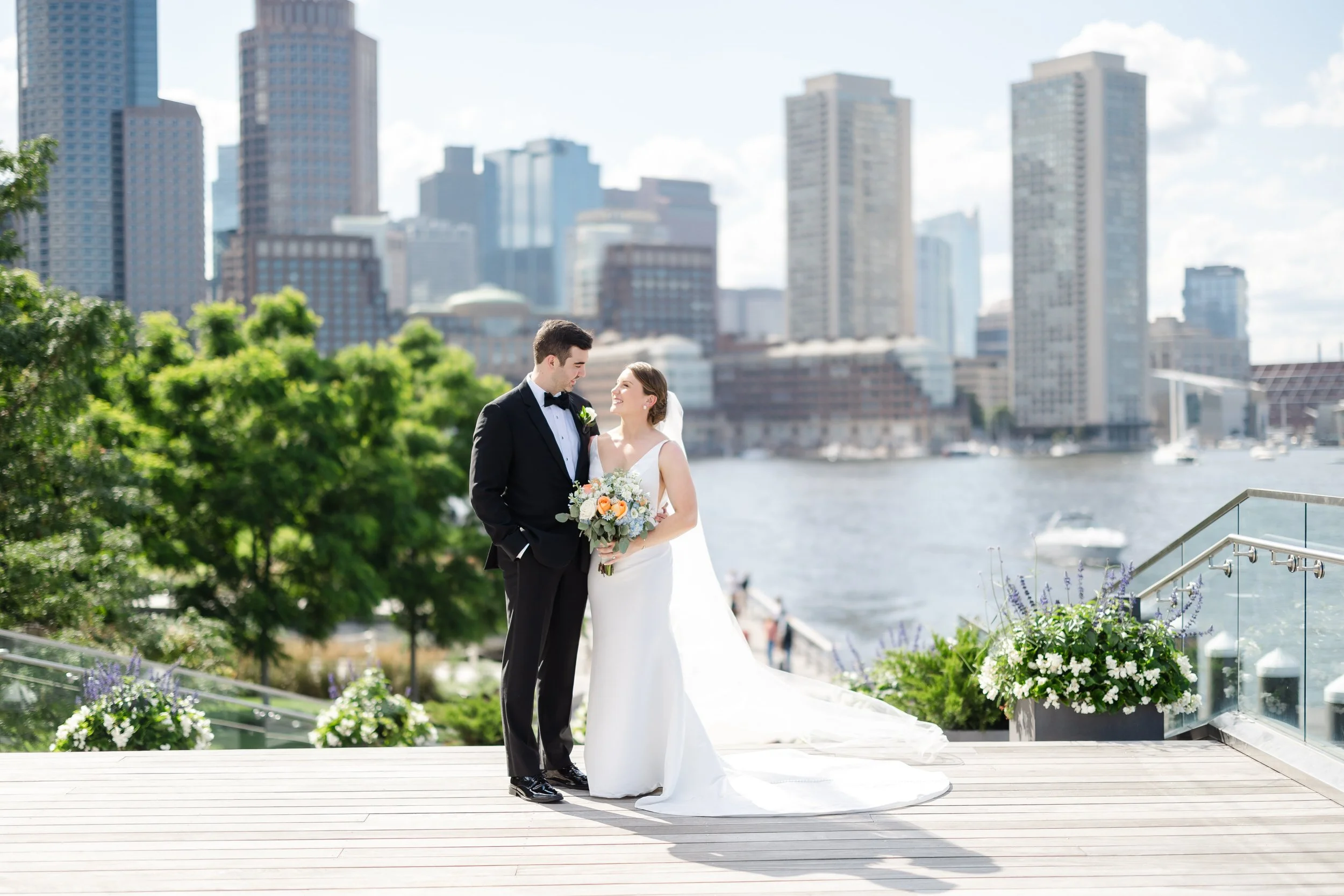 Boston Harbor  Fan Pier Park City views wedding portraits
