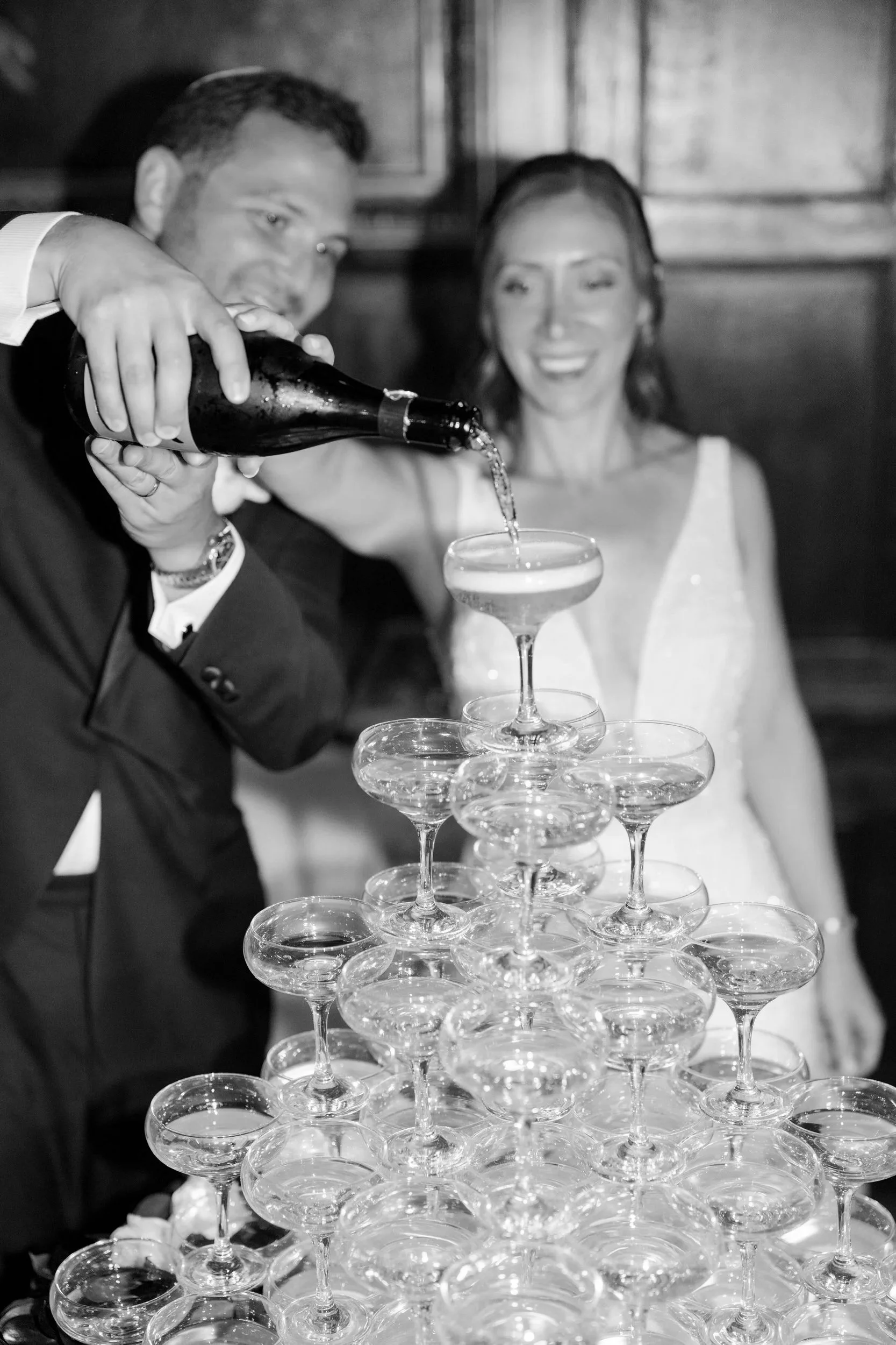 champagne tower at the Harvard Club of Boston Wedding
