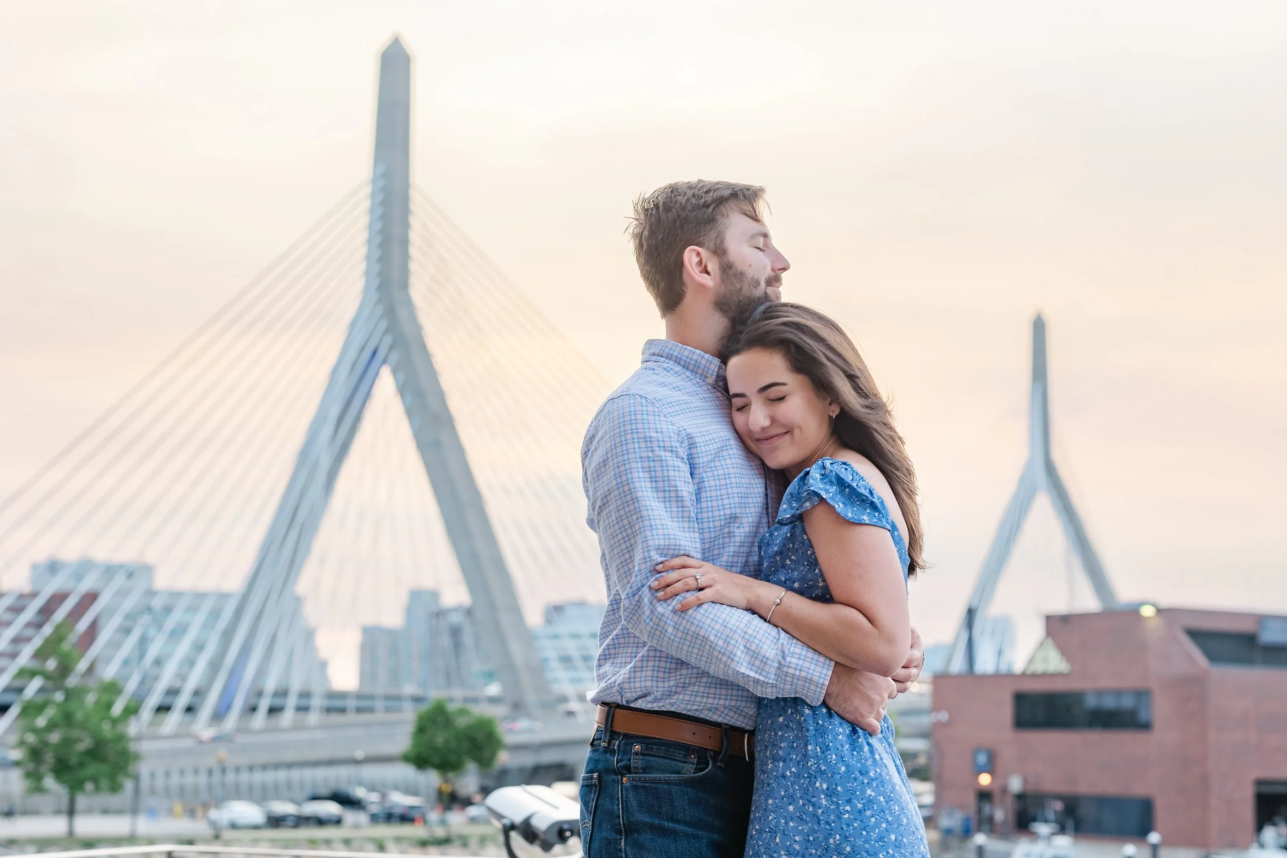 Langone Park Engagement Session with view of the Zakim Bridge