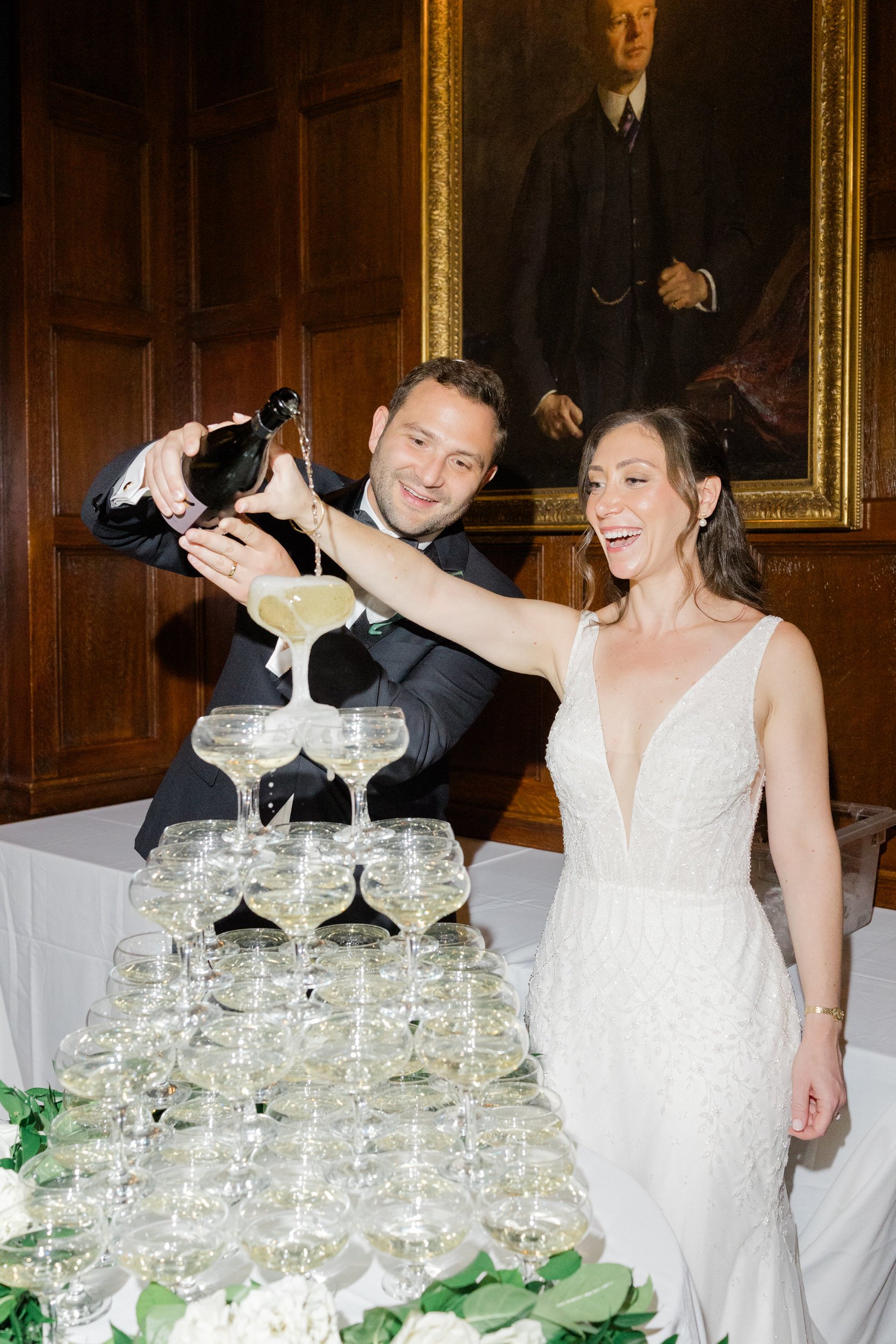 champagne tower at the Harvard Club of Boston Wedding