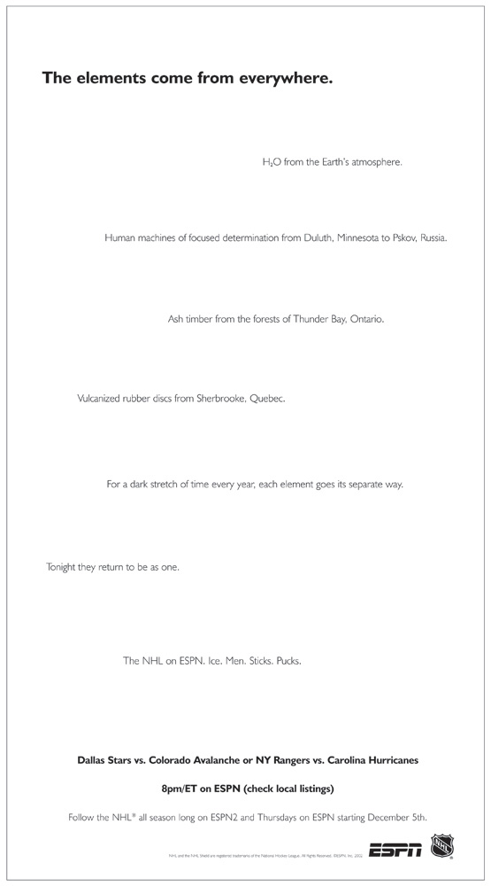 NYT full-page ad for launch of the NHL season. 