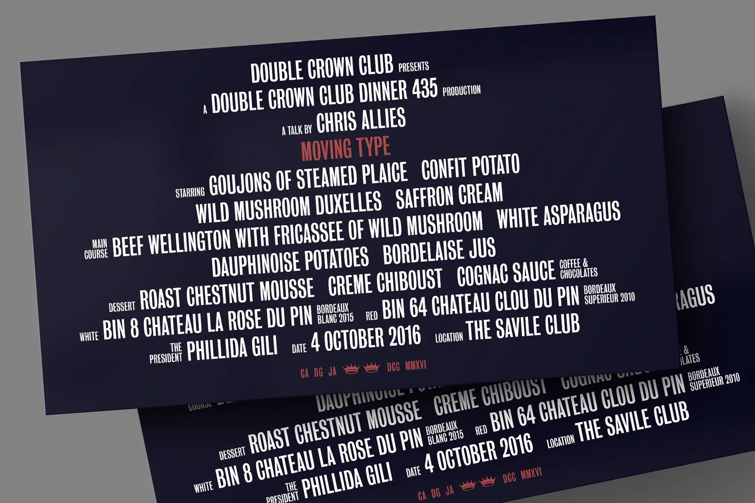 A menu for a Double Crown Club dinner. Assisted by Daisy Gili of the London Film School and speaker Chris Allies.
