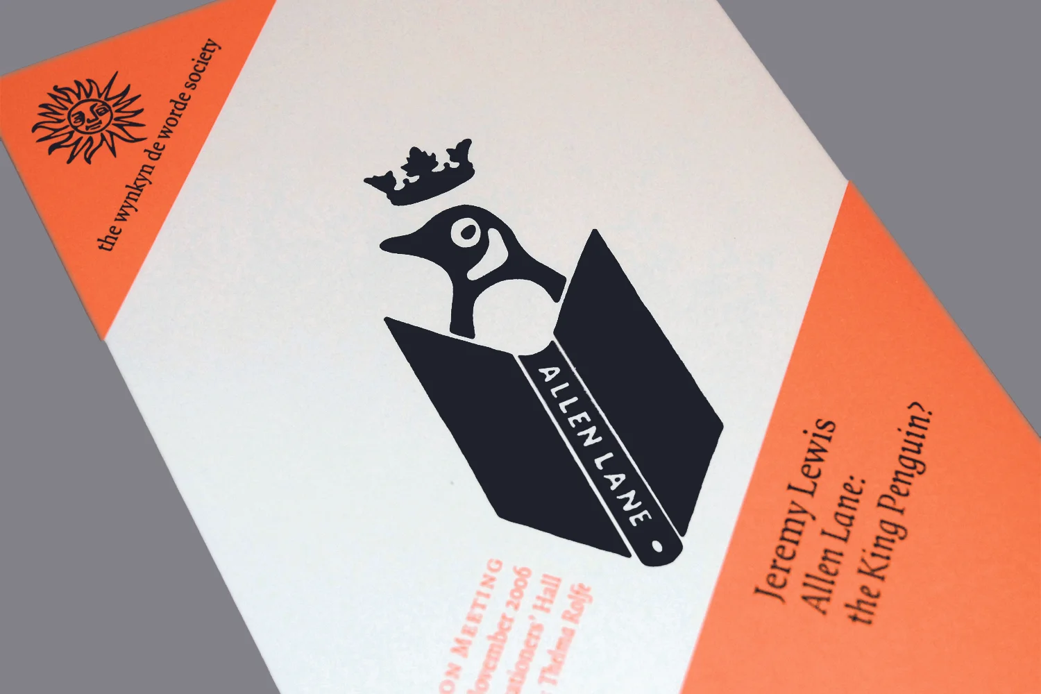 Symbol and menu for biographer Jeremy Lewis's talk on Allen Lane