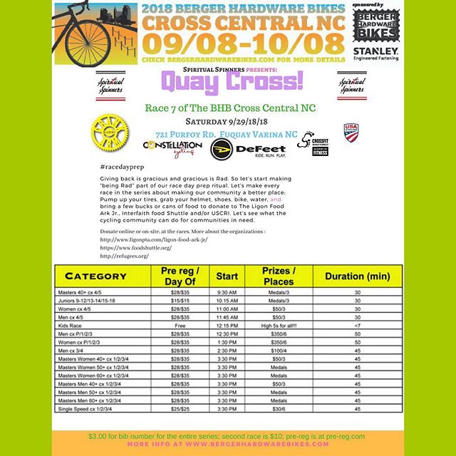 Tomorrow! QUAY CROSS!!! Swipe thru for deets. Thanks to the Spiritual Spinners for sponsoring and hosting this race, along with series sponsors @officialstanleytools @defeet @crankarmbrew #constellationcycling @cfwakeforest See you all out there tomo