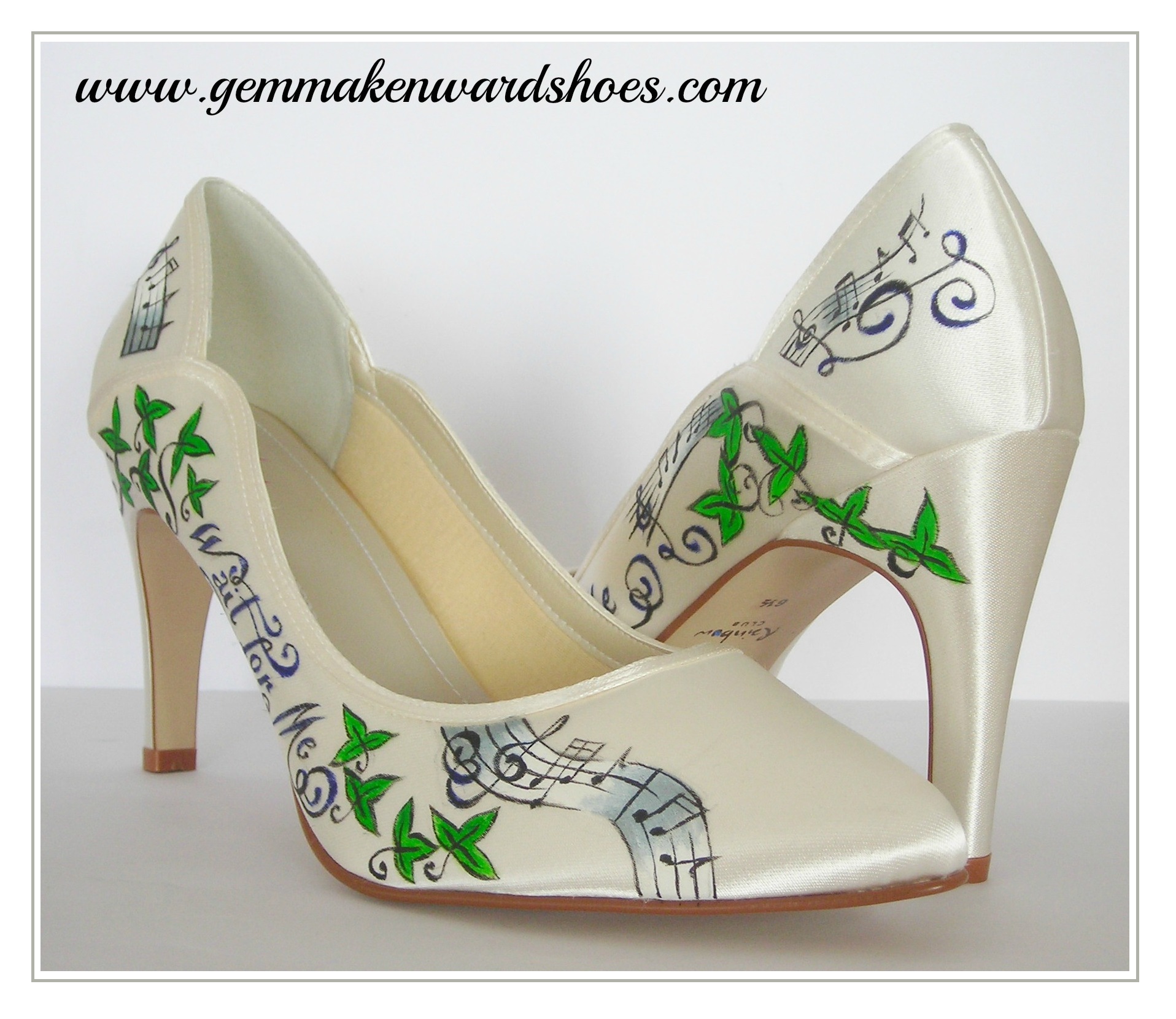 Customised wedding shoes with Kings of Leon Lyrics, Ivy and Music notes