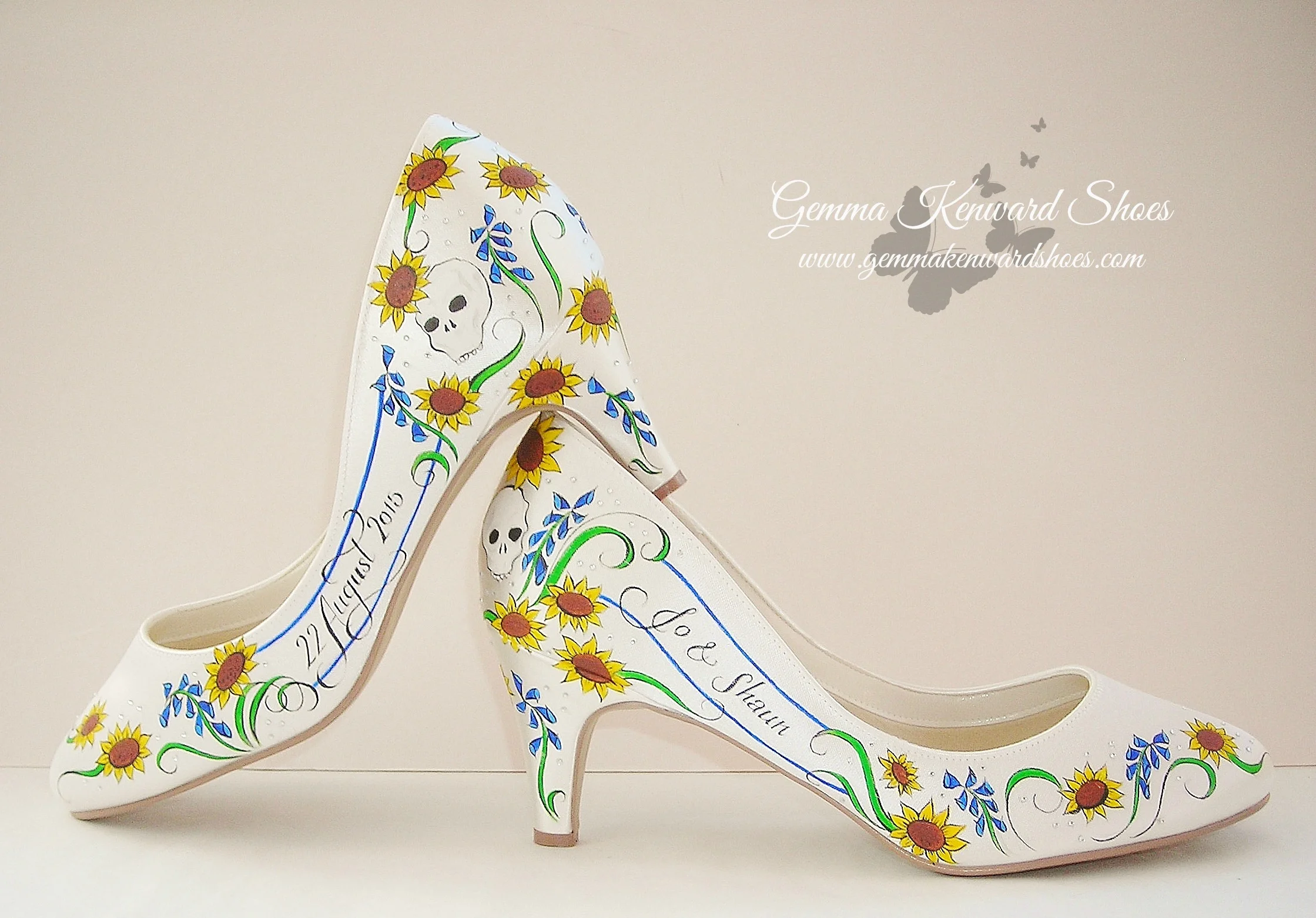Customised bridal shoes personalised with skulls and sunflowers in sunshine yellow