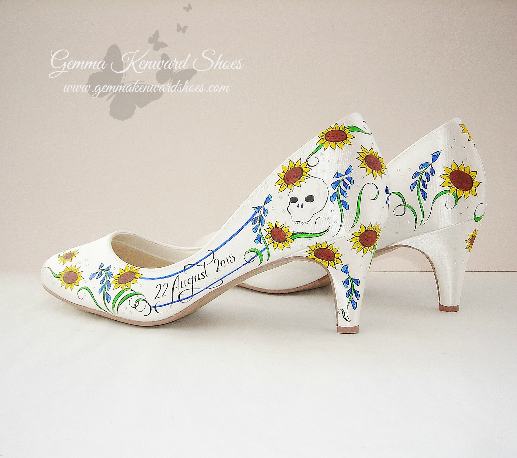 Hand Painted wedding shoes with bluebells, sunflowers and skulls 