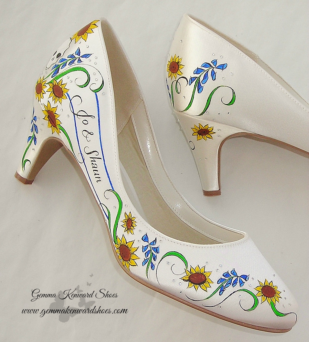 Court shoes for a wedding hand painted with personalised sunflowers, bluebells and skulls 