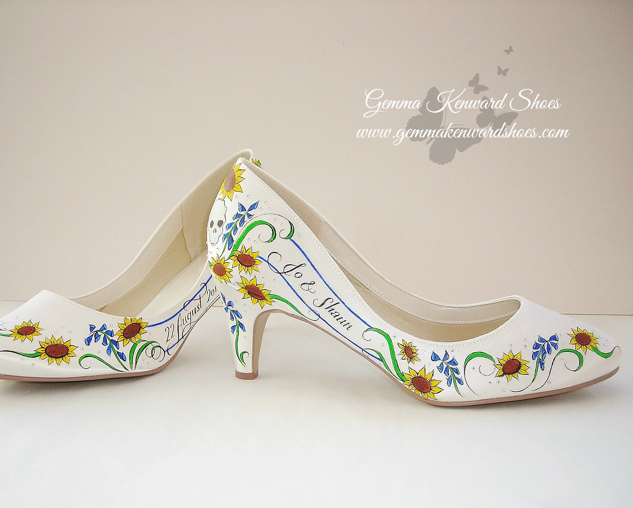 Custom painted wedding shoes illustrated with skulls, diamantes and sunflowers for a bride in the UK 