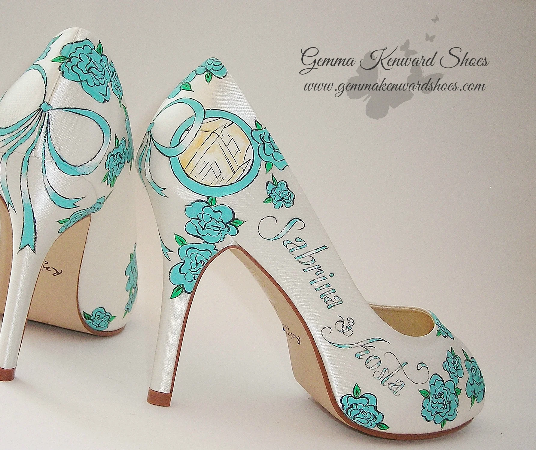 Tiffany blue roses and portrait on hand painted wedding shoes