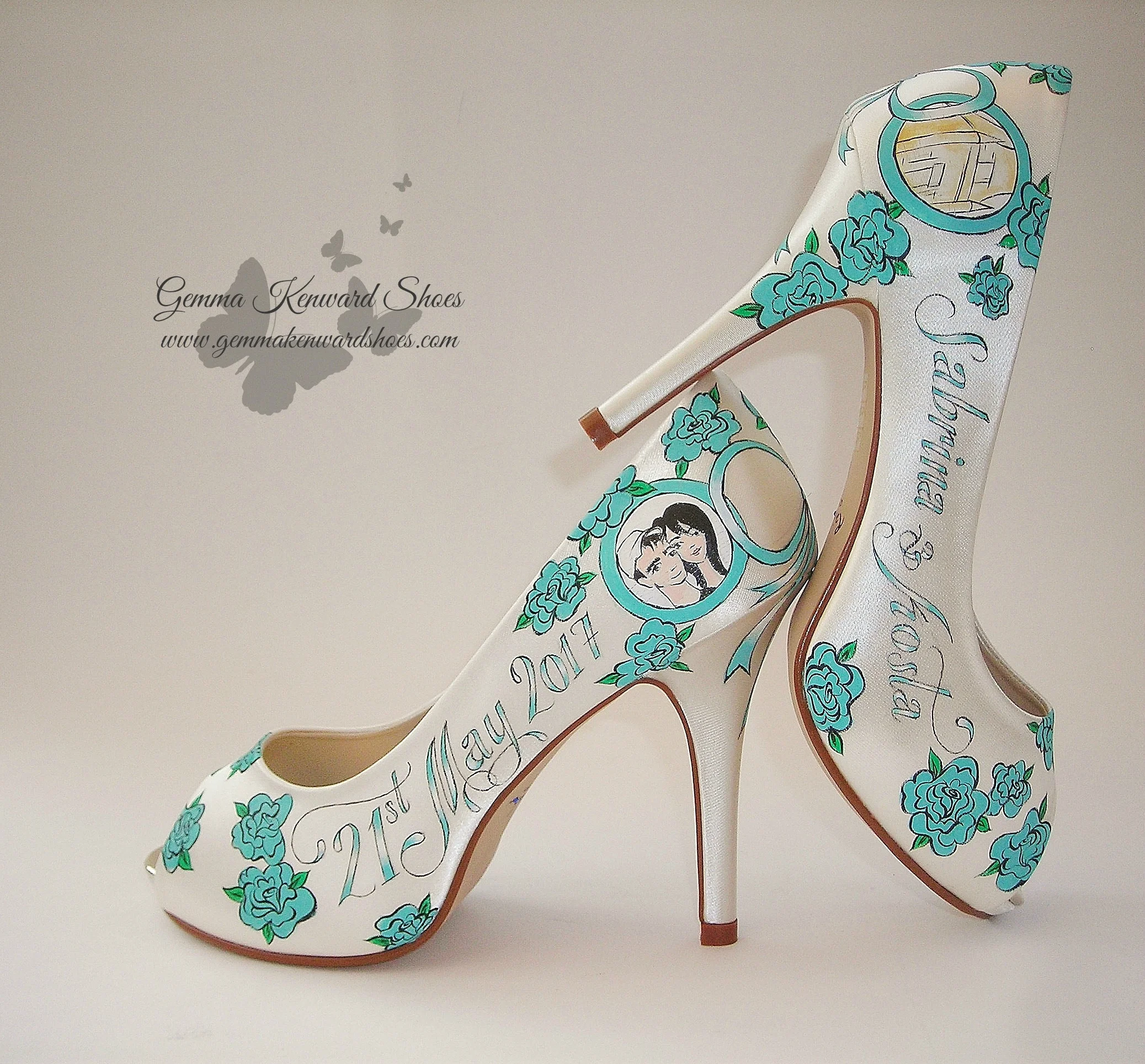 Painted wedding shoes with Tiffany blue roses