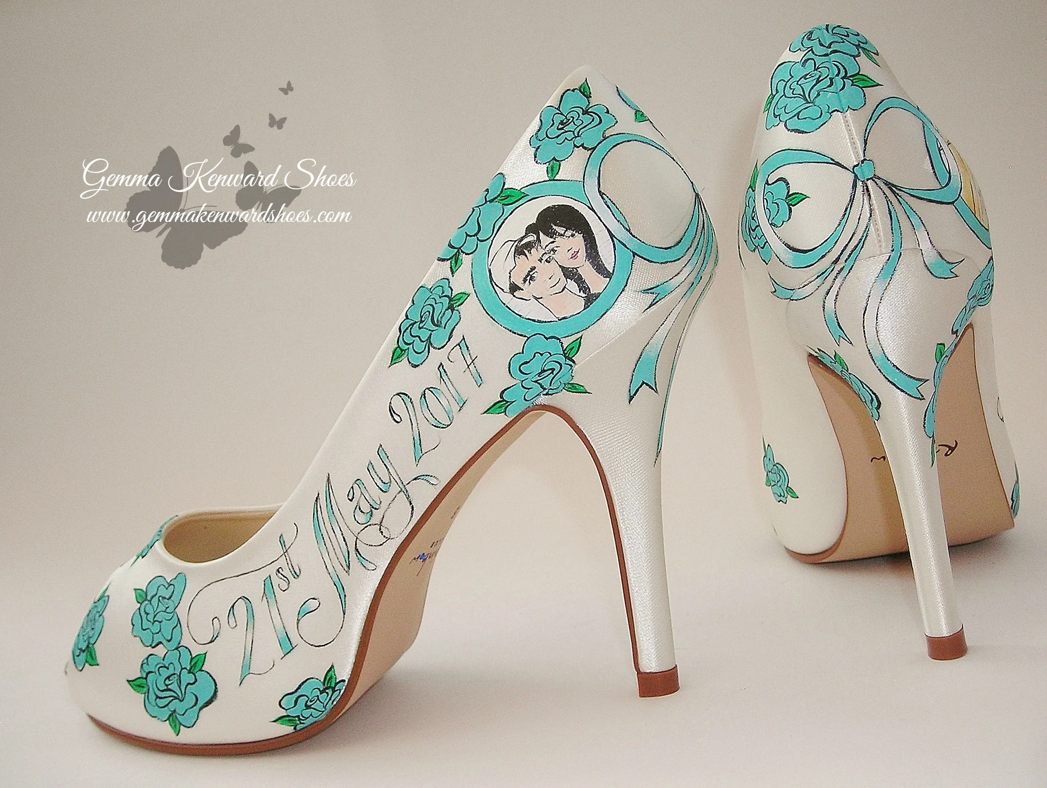 Portraits and church painted onto a pair of rainbow club wedding shoes
