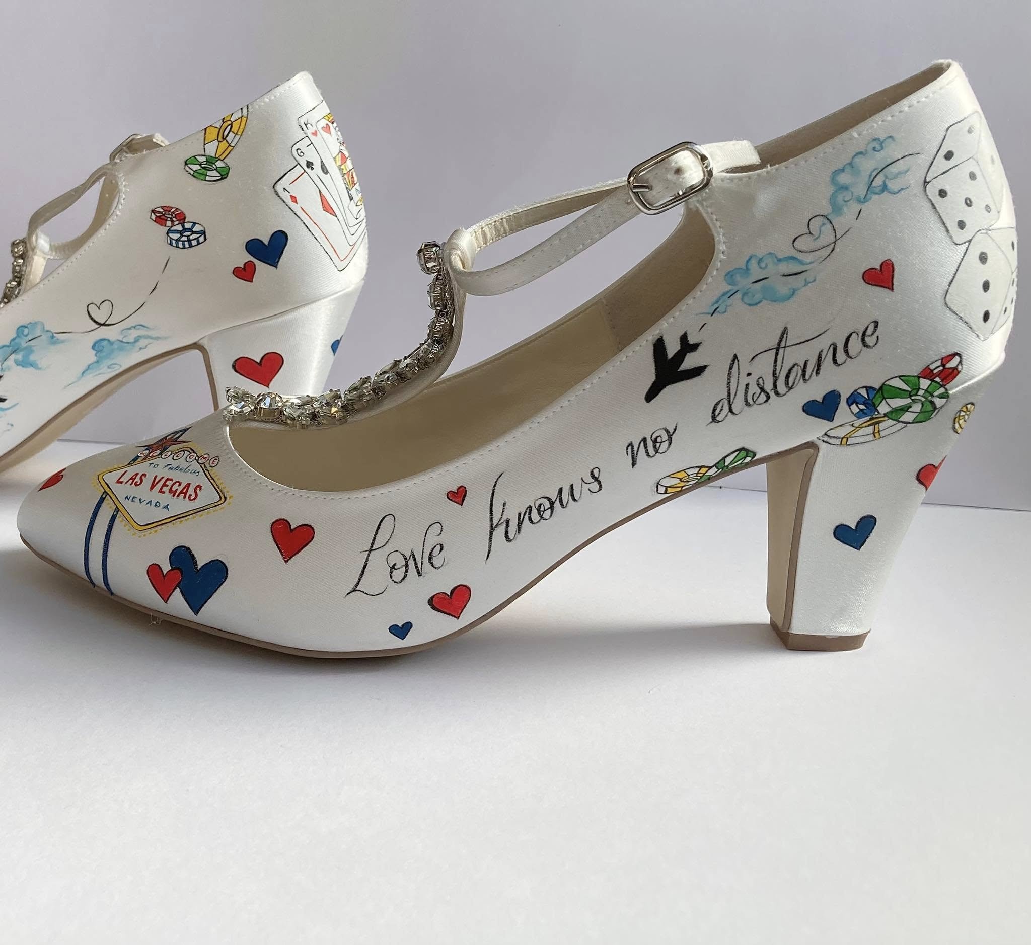 Love knows no distance hand painted brides shoes for a Las Vegas Wedding