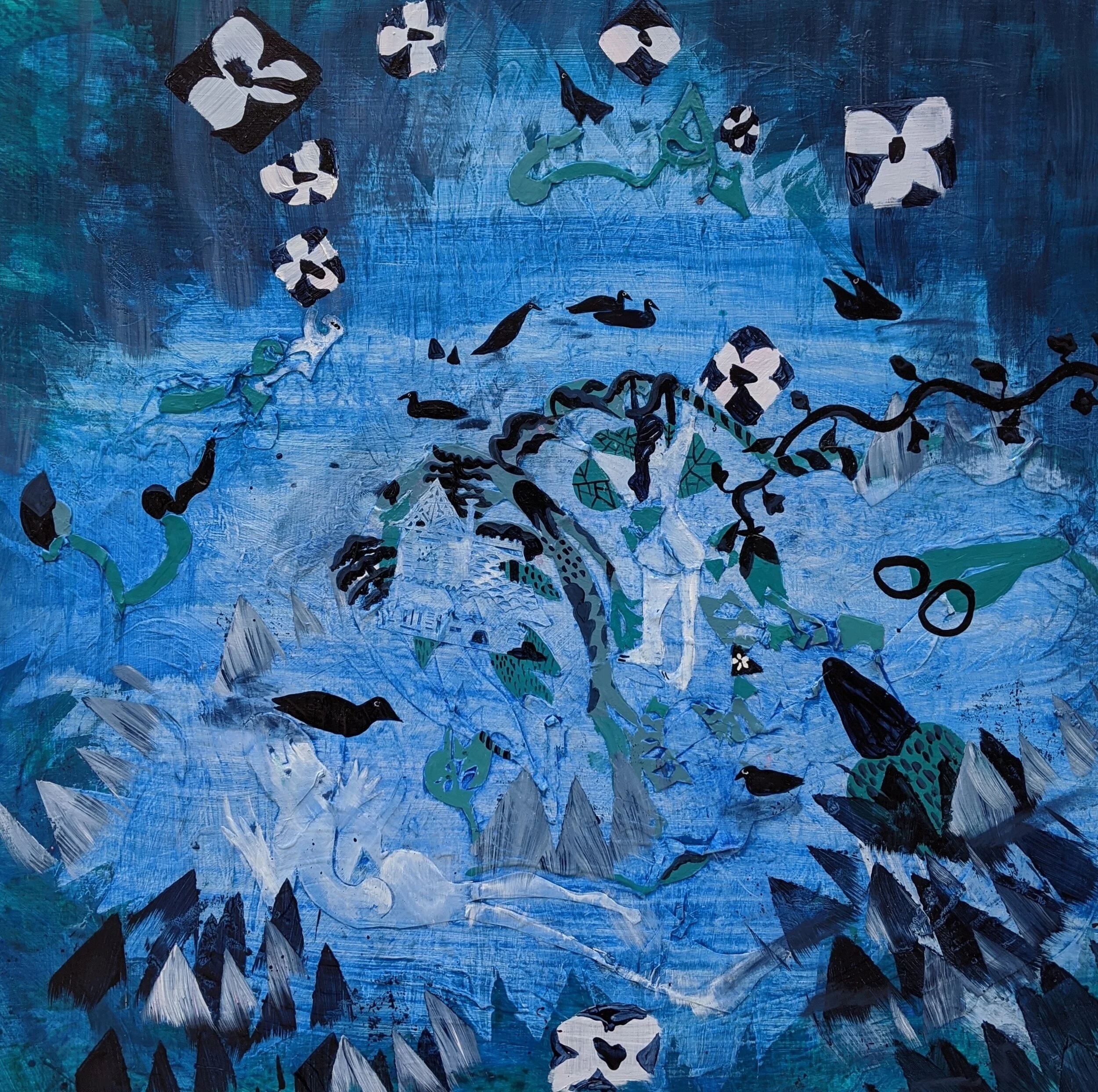 Violets, acrylic and paper on wood panel, 30" x 30