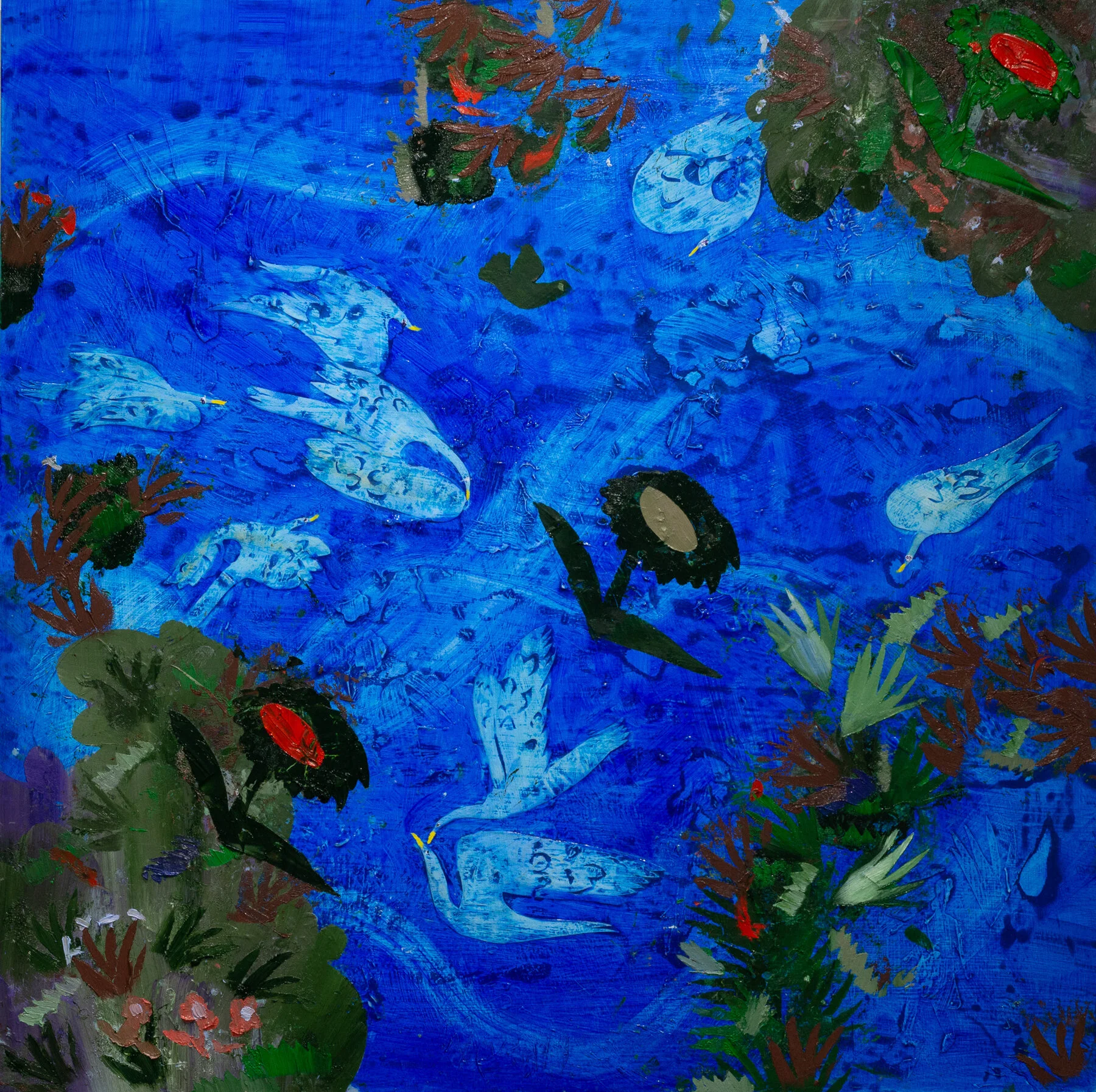 Sternidae, oil, acrylic, and paper on panel, 36” x 36”, 2021