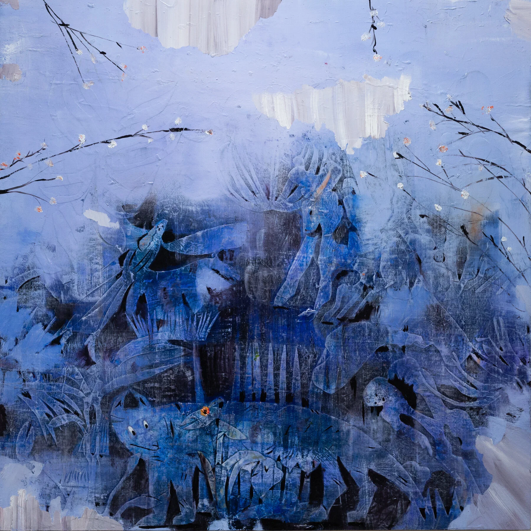 Dog, Angel, Unicorn, oil, acrylic, and paper on panel, 36” x 36”, 2021