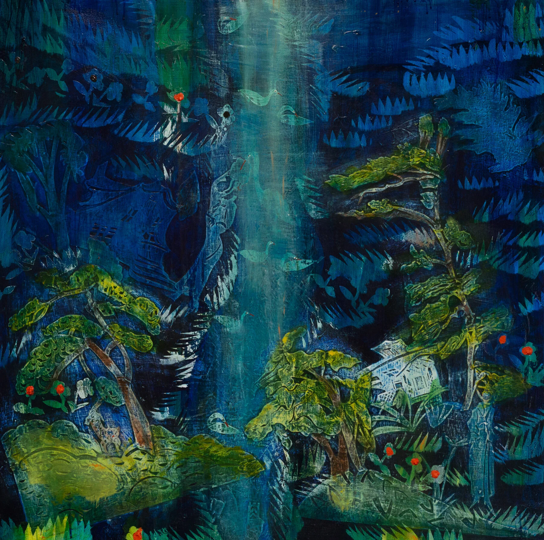 Echo Island, oil, acrylic, and paper on panel, 36” x 36”, 2021