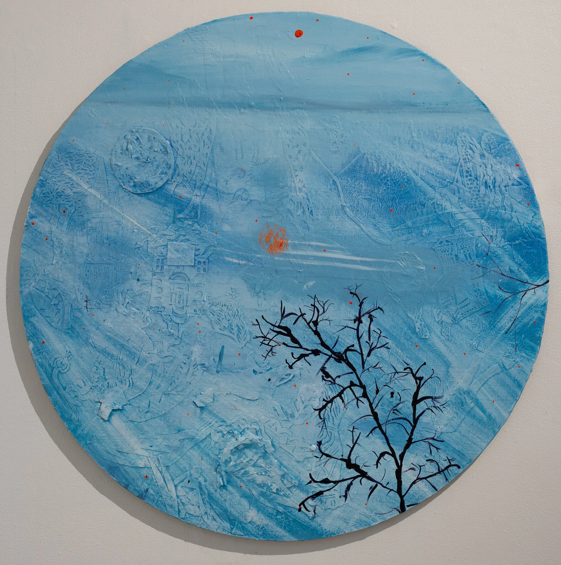 'I wish I had a river I could Skate Away On,'  acrylic and paper on panel, 36” diameter, 2020