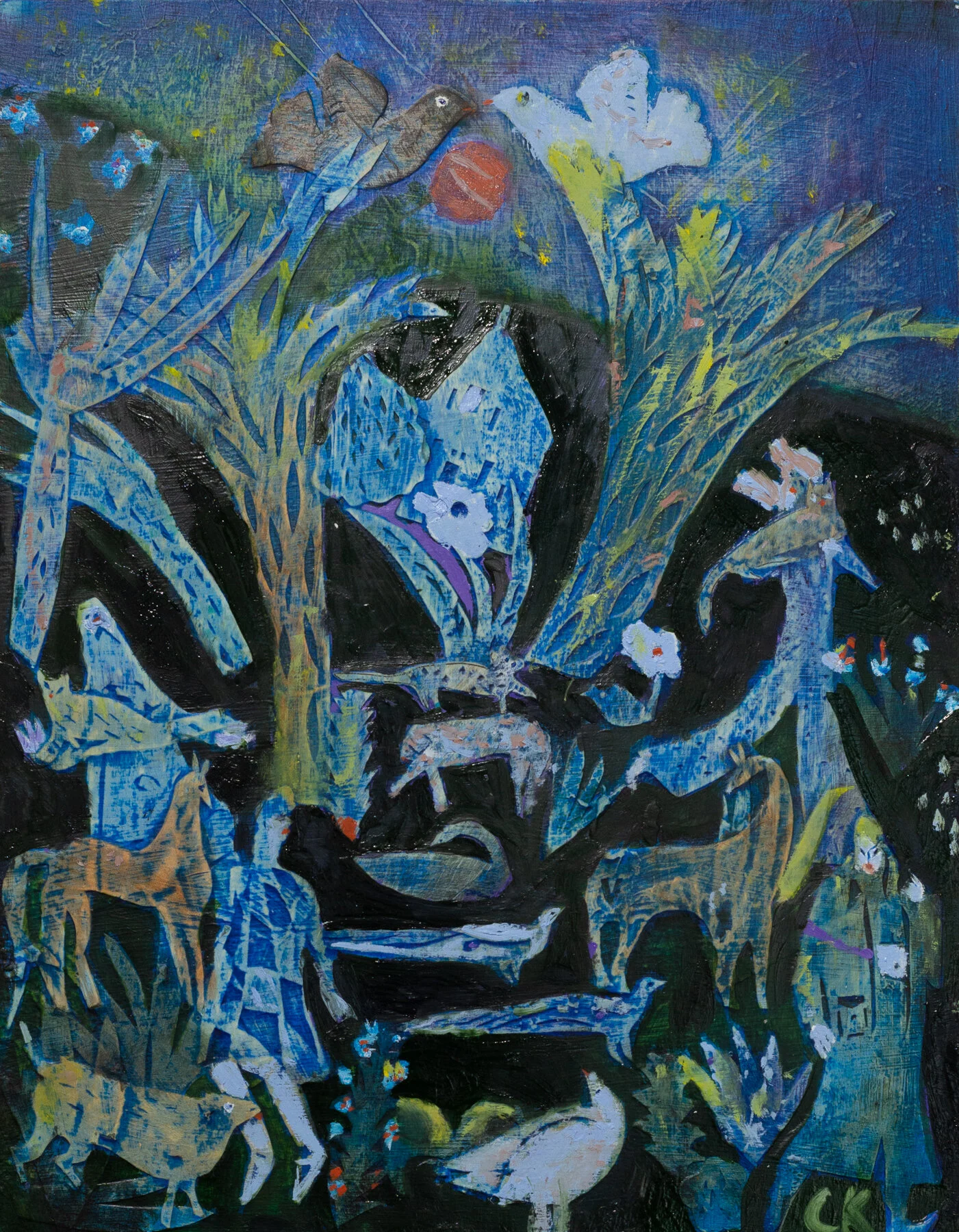 Farm Gals , oil and acrylic, and paper on panel, 14” x 18”, 2021