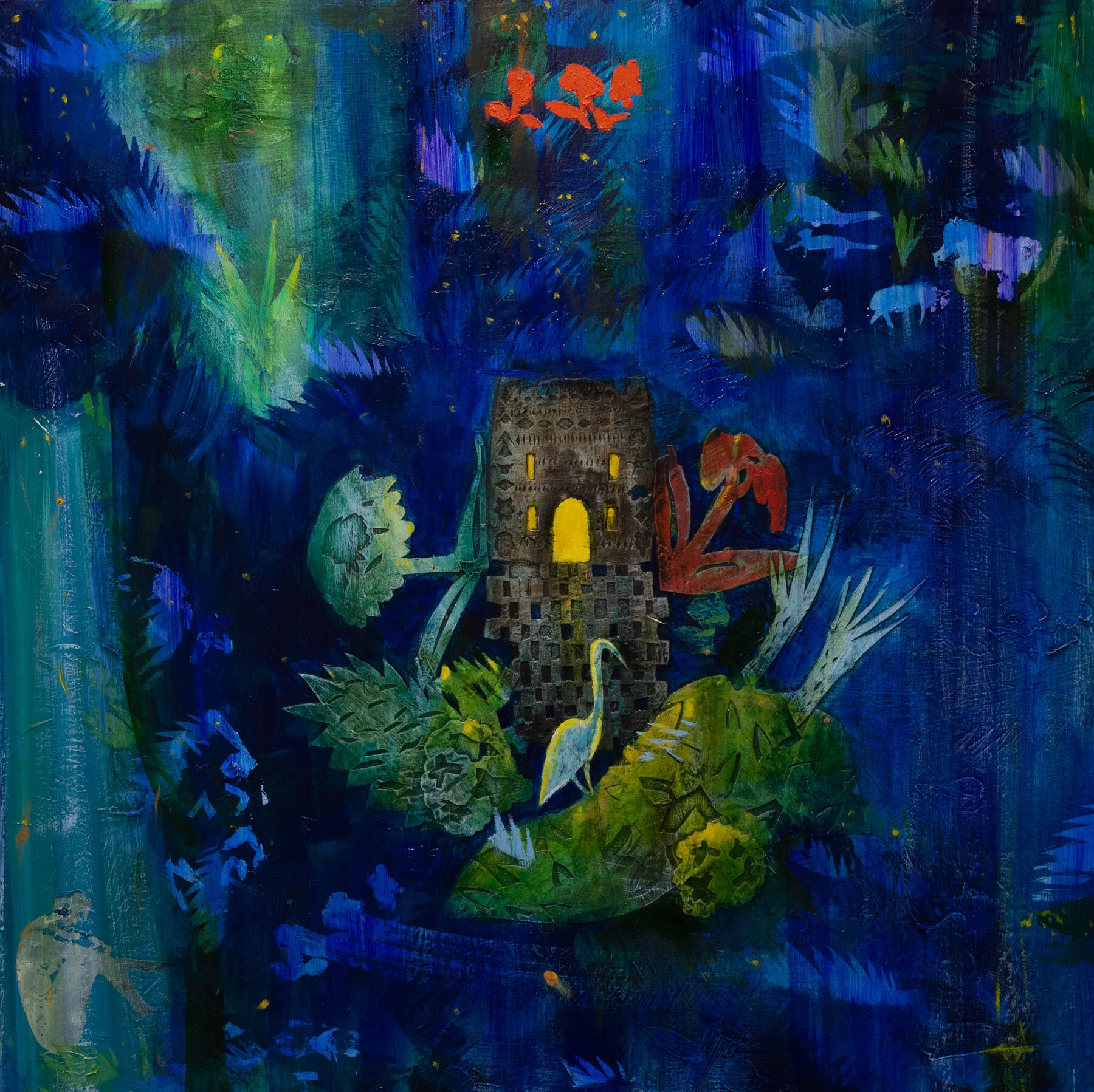 Crane In The Cold House, oil, acrylic, and paper on panel  36” x 36”, 2021