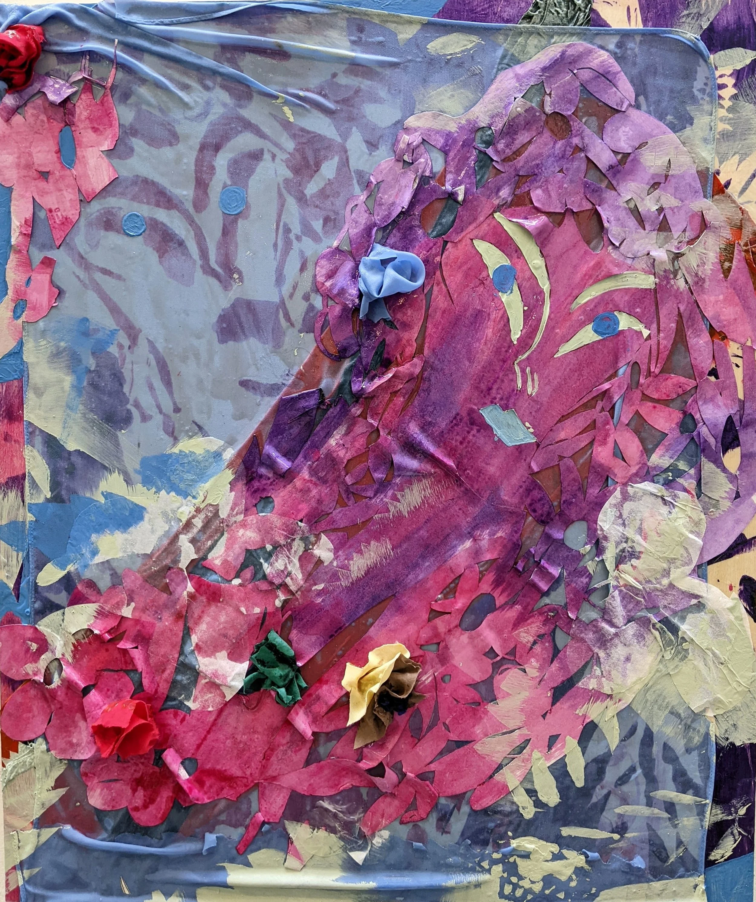   Her Sister Was Like the Heat Coming Off the Back of an Old TV   Acrylic and fabric on panel   18”x 24” 