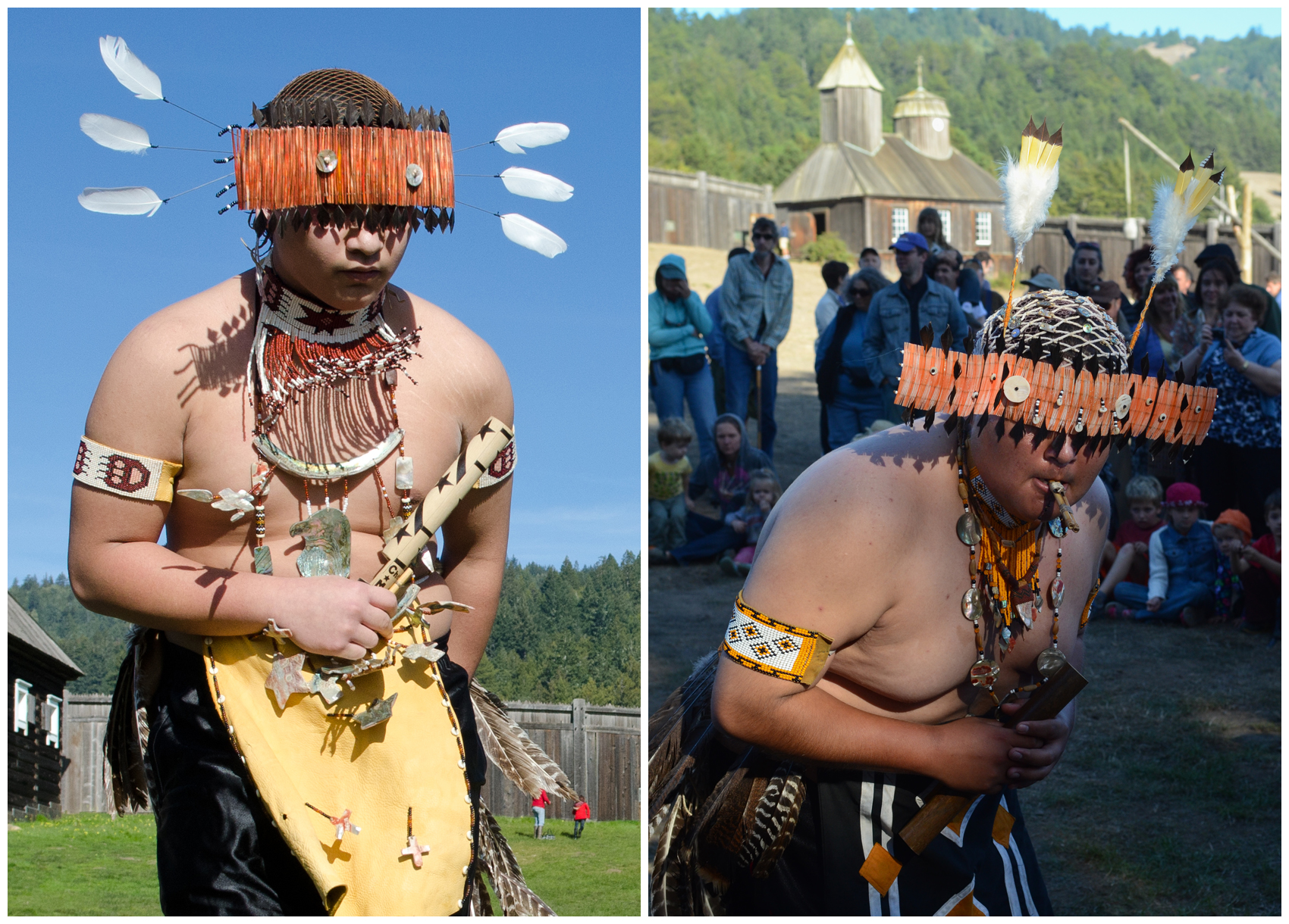 Members of the Kashaya Pomo tribe perform traditional dances at Fort Ross, California.