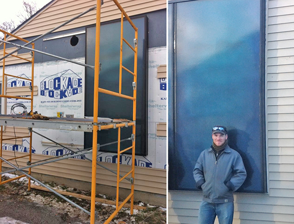 Installation of solar furnace in progress (left) and Solar Heat Outreach Specialist Theodore Westhues in front of completed installation.