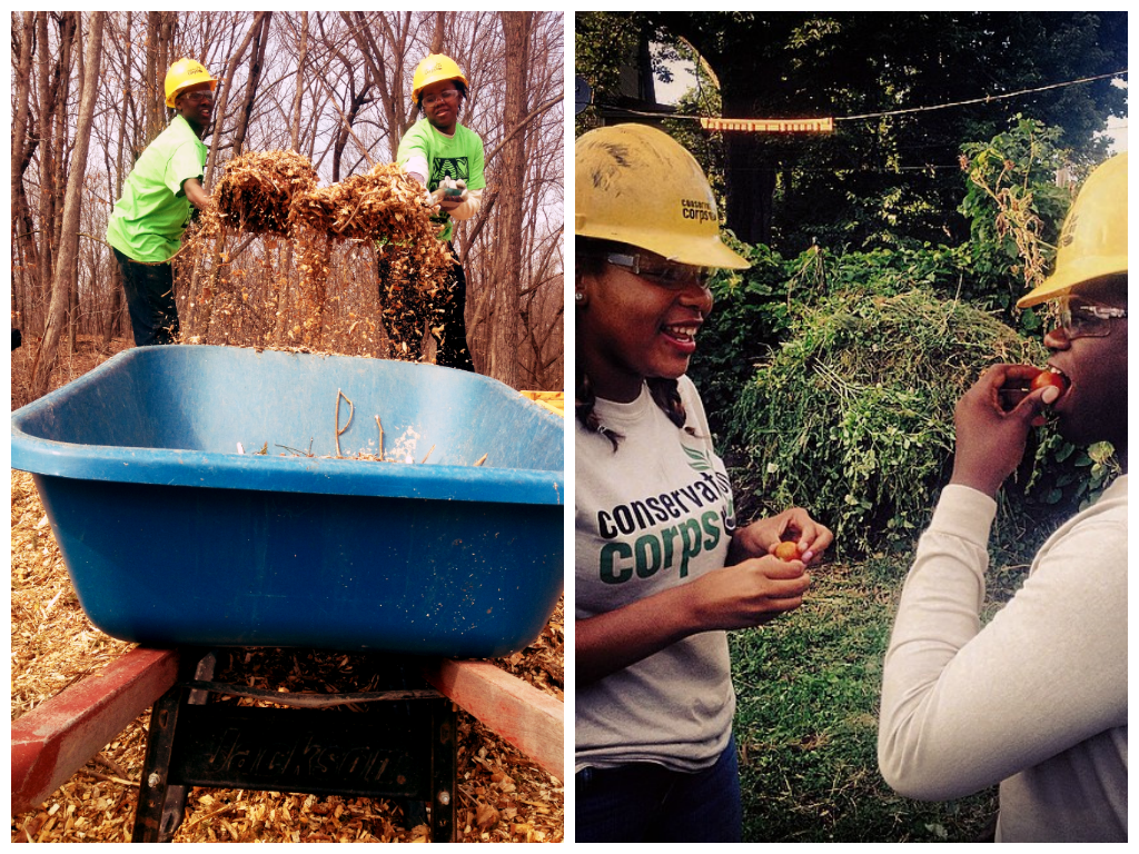 (L) Mulching trail for spring's Global Youth Service Day and (R) a day at Youth Farm &amp; Market.