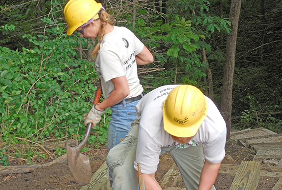 Corps members Teal Frederick and Tyler Knight built new steps at Hagge Park in Sac County in Iowa.