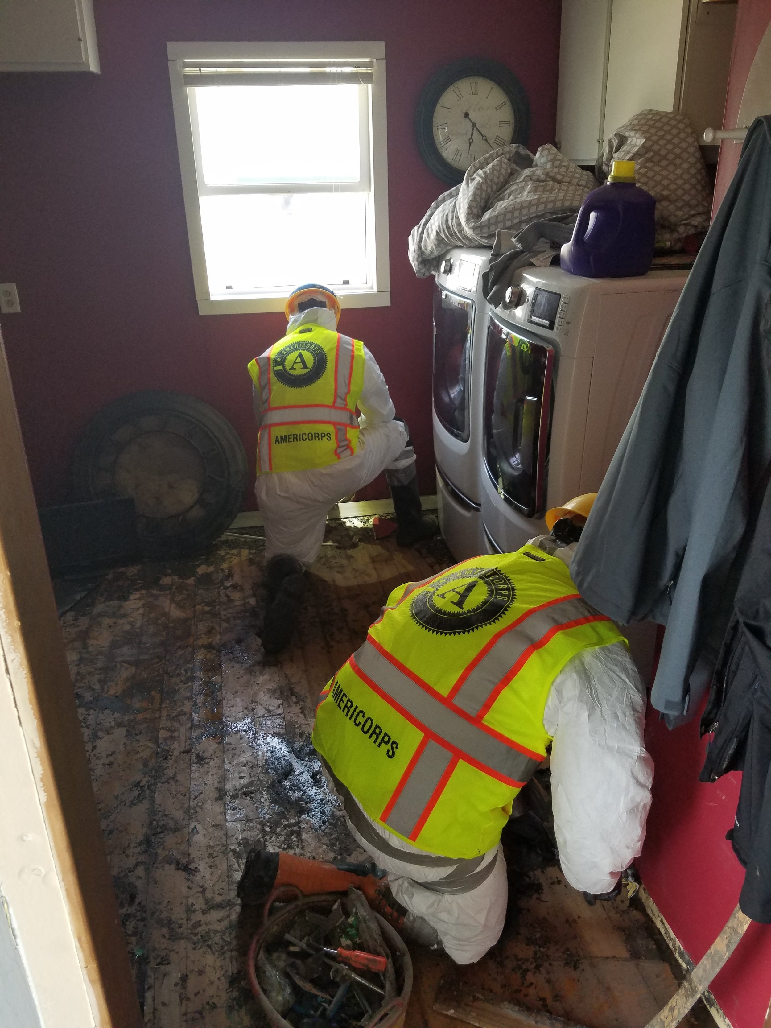  In April 2019, AmeriCorps members mitigated flooding damage in homes by providing services such as mold suppression and mucking/gutting. 