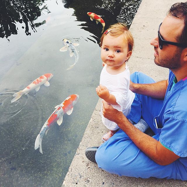 Dad-daughter-date at the koi pond. 🌎 🐠#straightfromwork #stillinscrubs #junemarine #koipond
