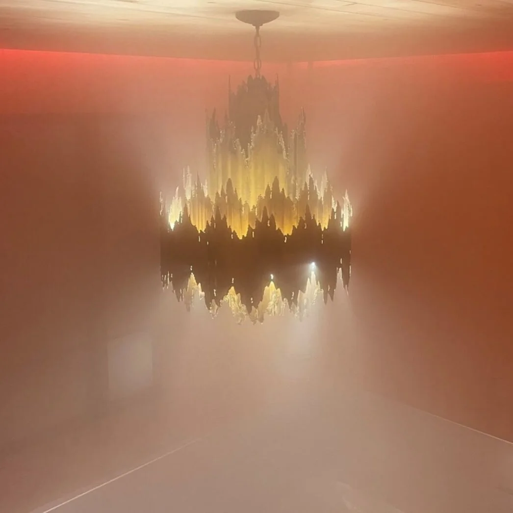 @tracebrewing steamin it up with PA hardwood paneling, @who.new.retro.mod.decor mid-century chandelier, some beautiful iron paned French doors...oh and coolship-style beer.