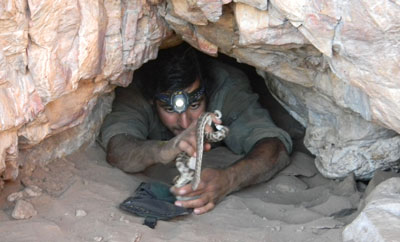 George Madani exits a newly discoverd cave with a Stimson Python, 2010.