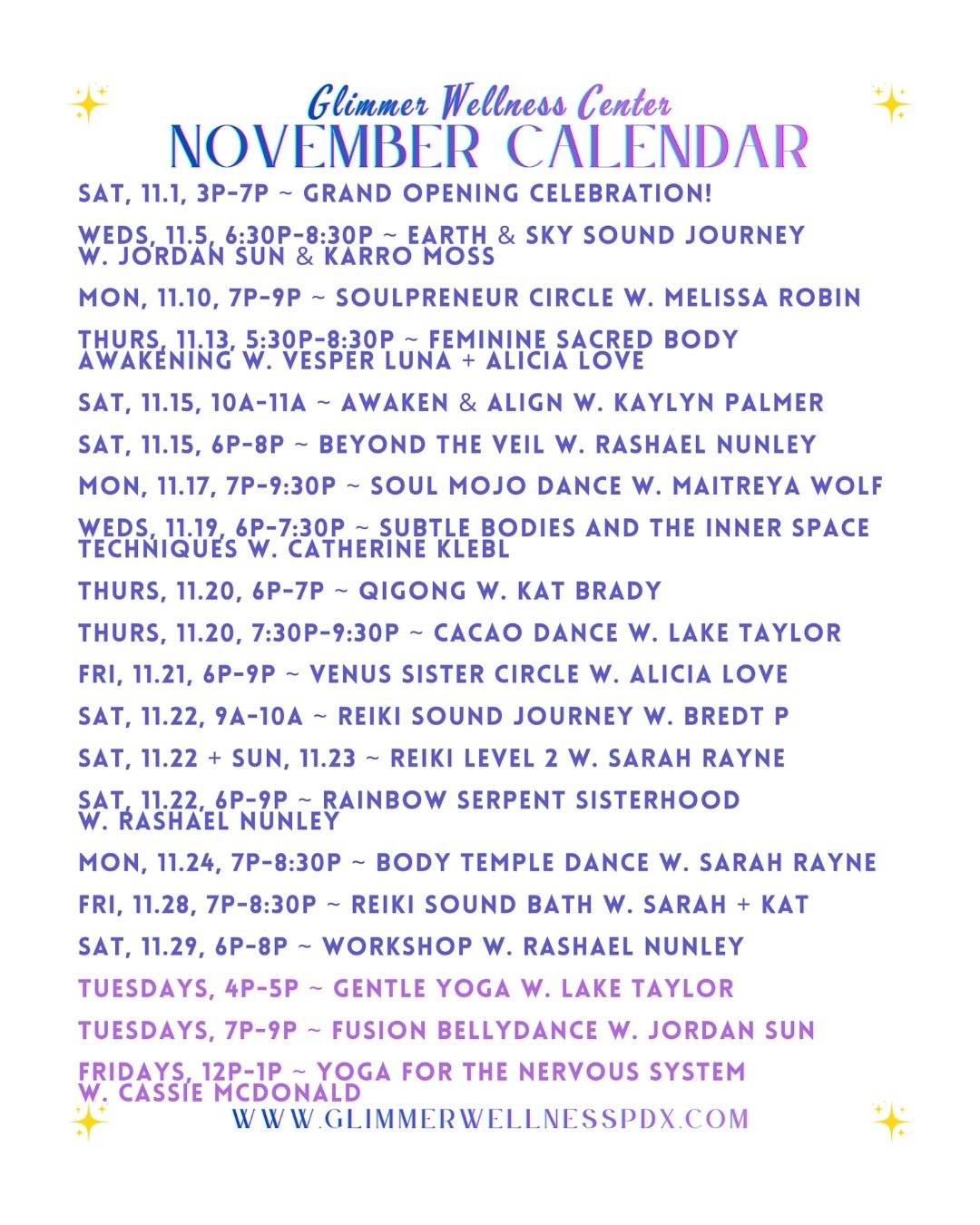 Wow!!! What a delight to be growing so beautifully &amp; welcoming so many INCREDIBLE teachers, priestesses, and practitioners to share their magic &amp; wisdom at @glimmerwellnesspdx ✨💃🪄

❤️&zwj;🔥UPDATED NOVEMBER CALENDARS❤️&zwj;🔥

Now also spli