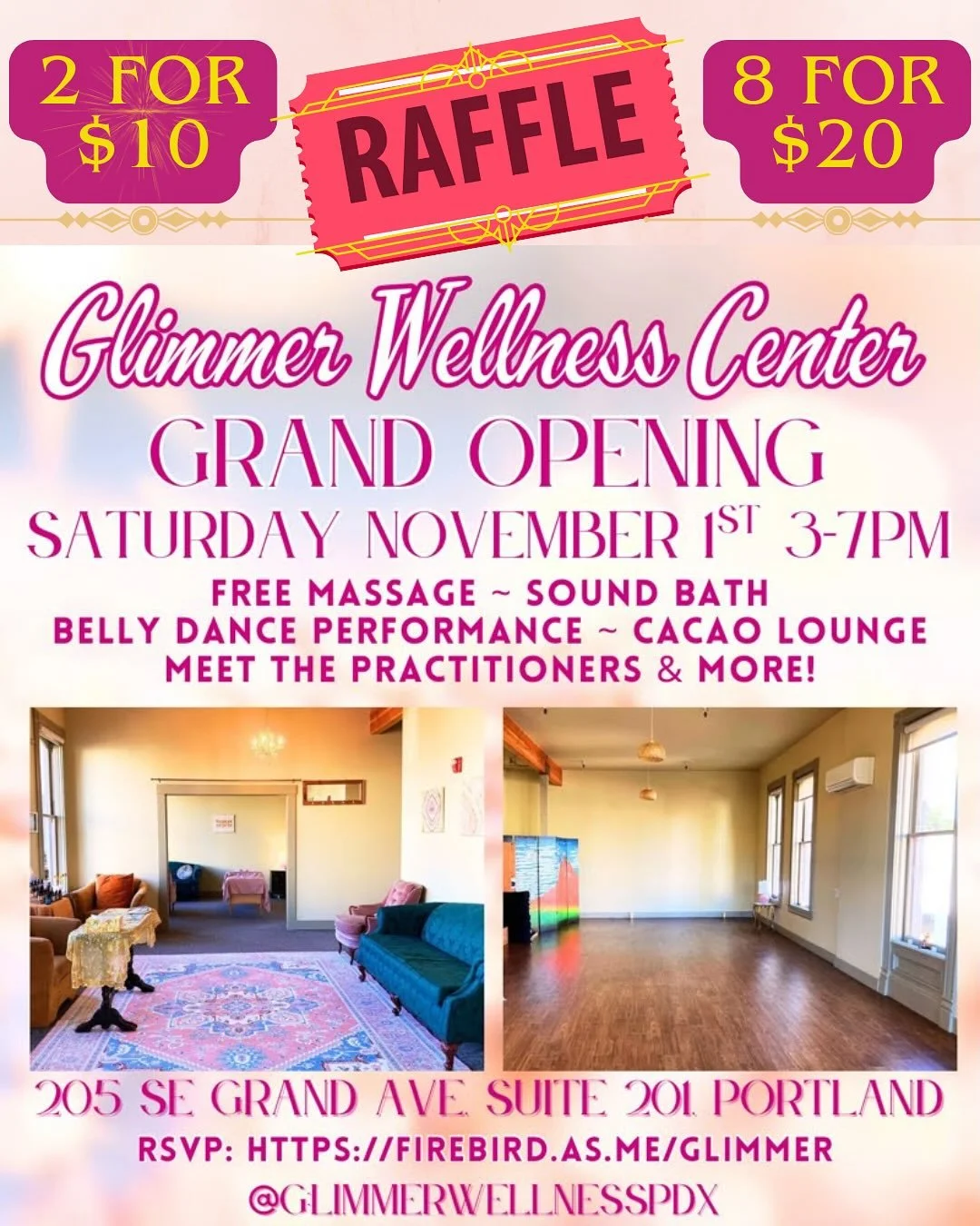 ✨Glimmer Wellness Center✨ Grand Opening &amp; Raffle
✨ Ready to find your glow? ✨
Tomorrow is the day! We&rsquo;re celebrating the Grand Opening of Glimmer Wellness Center, your new home for healing arts. Come say hello, explore the space, and connec